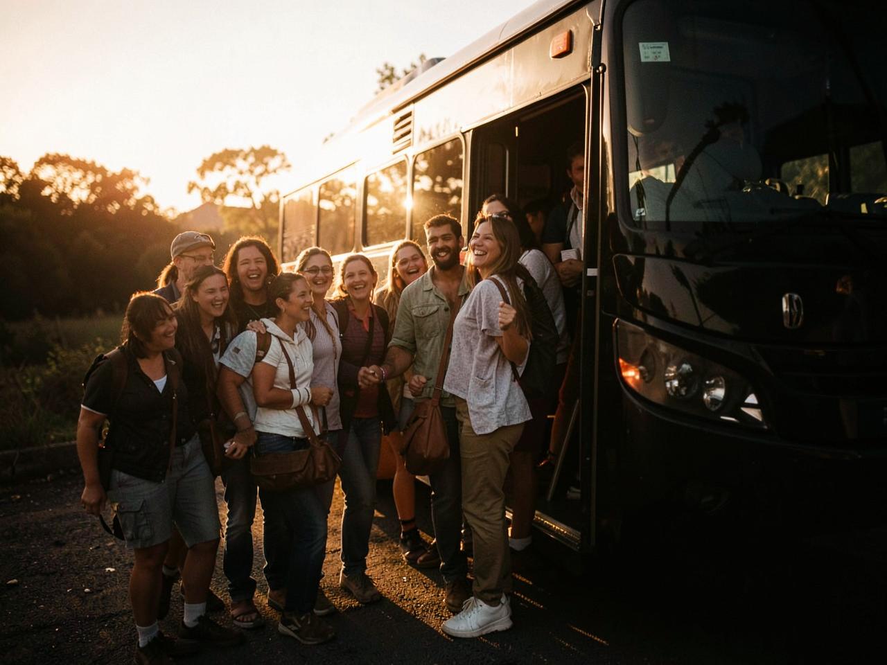 Grupo de viajantes embarcando no ônibus