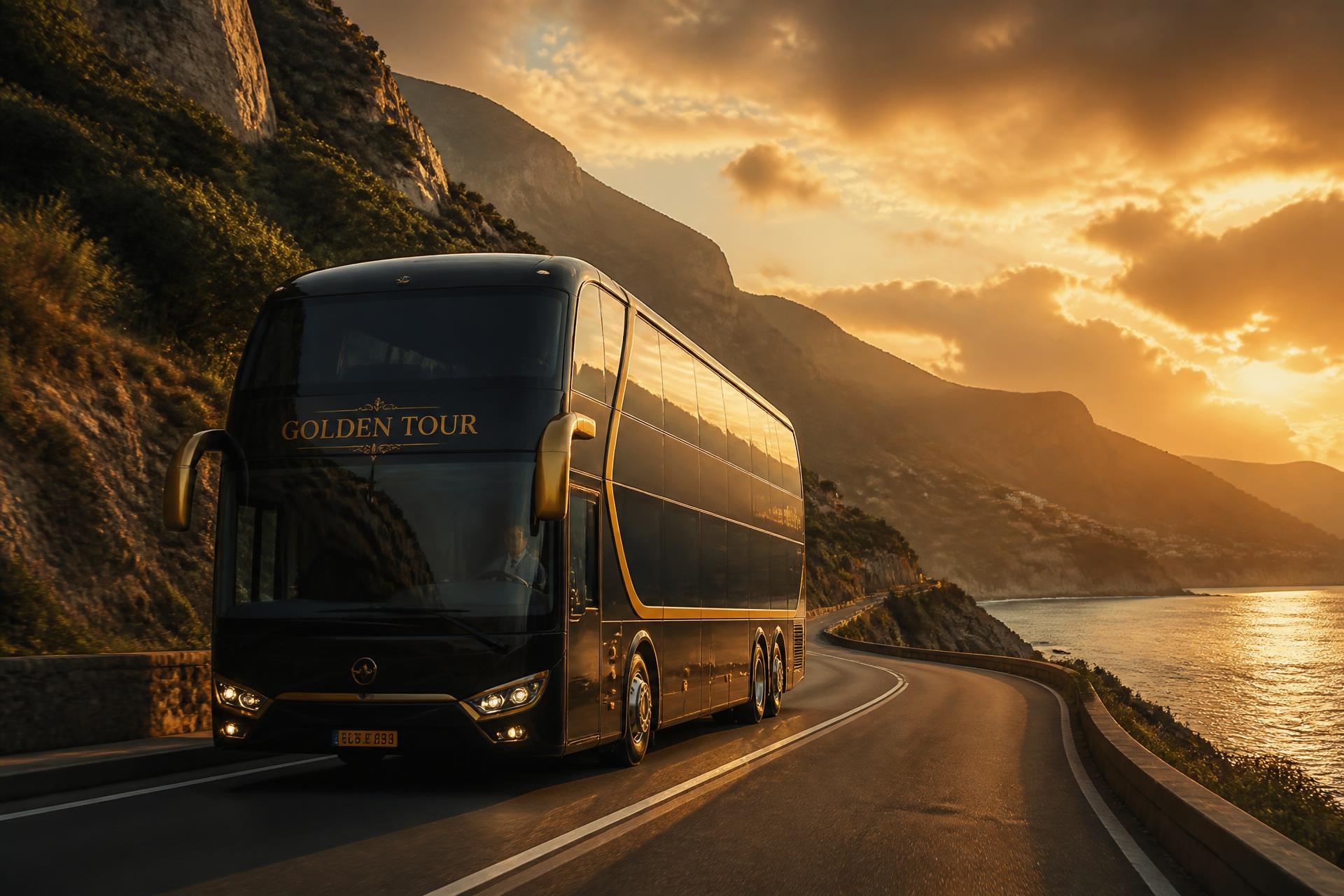 Ônibus de excursão em estrada litorânea ao pôr do sol